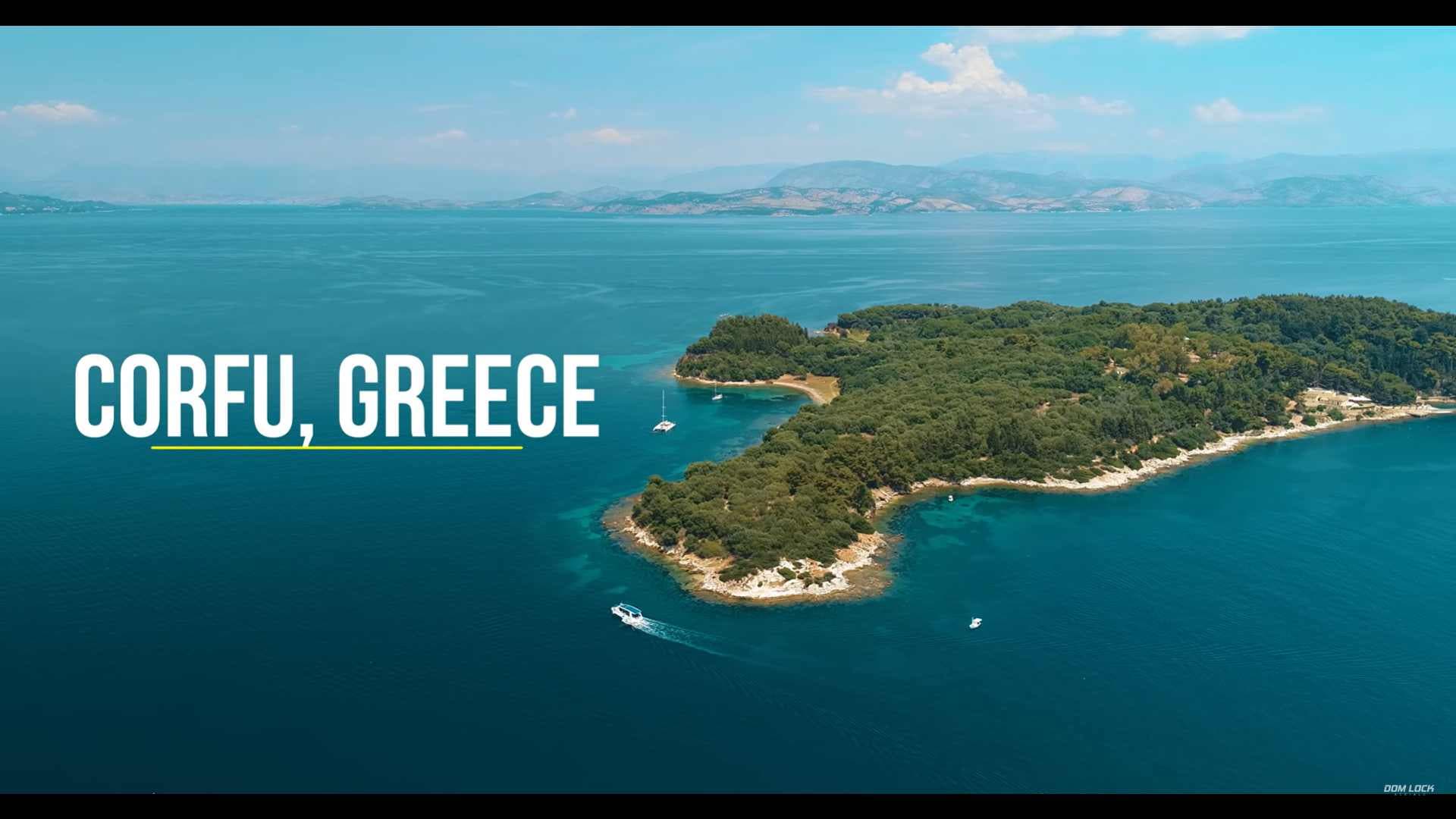 Aerial view of Corfu, Greece with coastline and boats; the overlay reads CORFU, GREECE with yellow underline