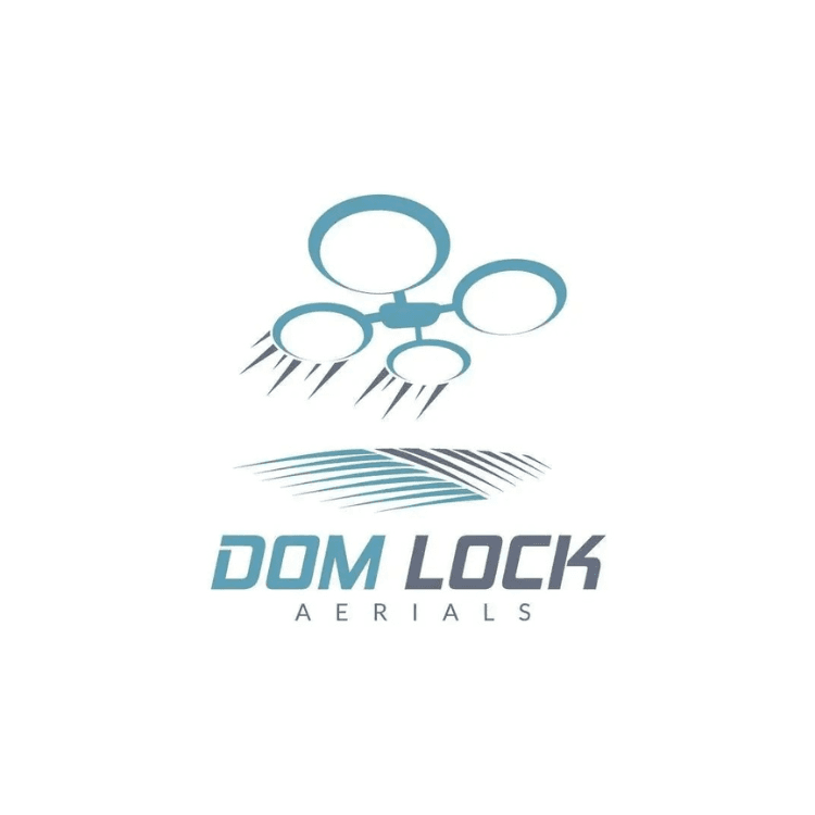 Logo of Dom Lock Aerials with a blue drone above a wave motif