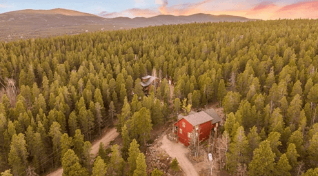 Aerial view over dense pine forest with a red cabin and winding dirt road; a drone hovers above