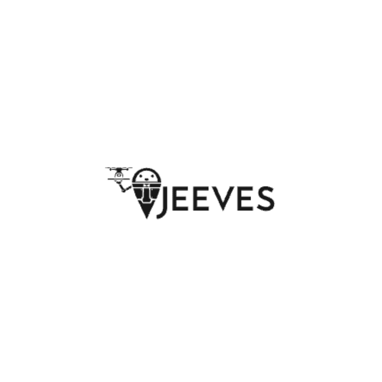 Logo showing a pin-shaped figure with a robot head and tie, and a small drone to the left, with JEEVES