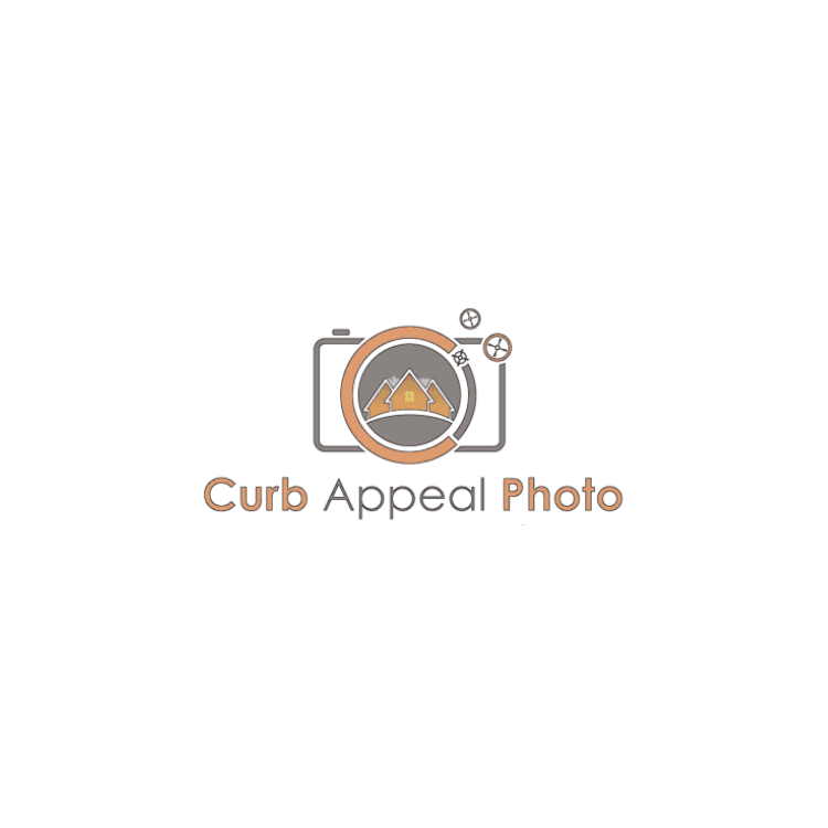 Logo for Curb Appeal Photo showing a camera outline with an orange ring and a house inside