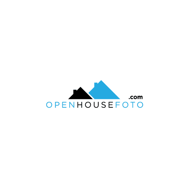 Logo with black and blue house rooftops above the text OPEN HOUSE FOTO .com